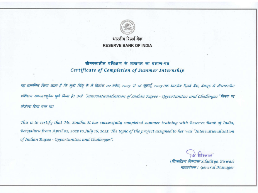 MBA student Sindhu K at RBI Bengaluru during 2025 internship