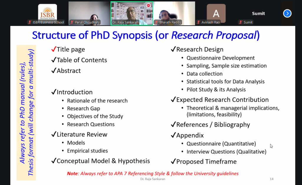Dr. Raja Sankaran delivering a session on academic research proposal.