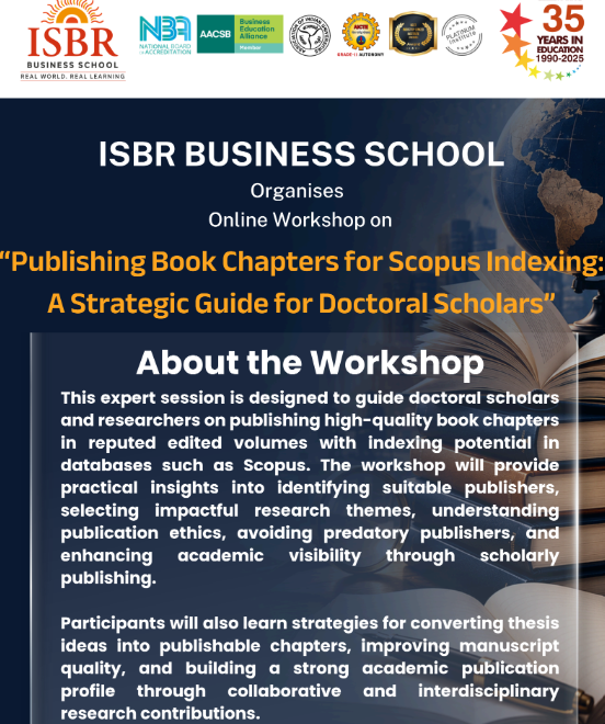 Doctoral scholars attending an online workshop on Scopus indexed book chapter publishing at ISBR Business School.